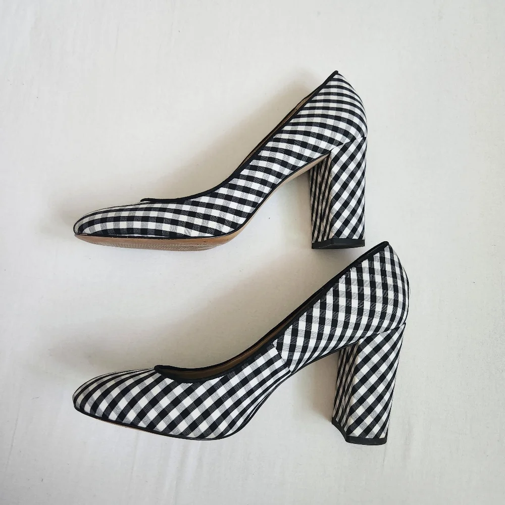 Ann Taylor gingham block heel‎ pumps heels shoes black white round toe 8.5